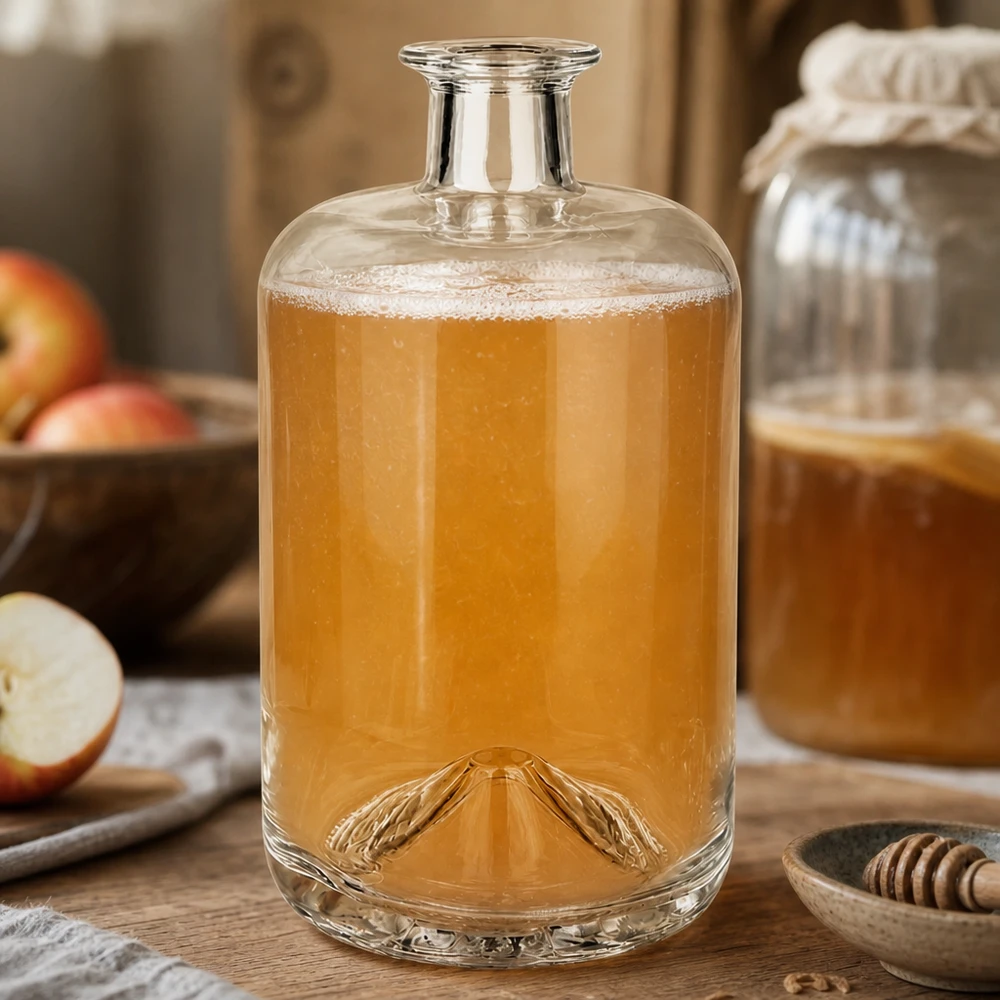 700ml Sofia glazen fles gevuld met appelsap omringd door verse appels en honing rustiek keukendecor