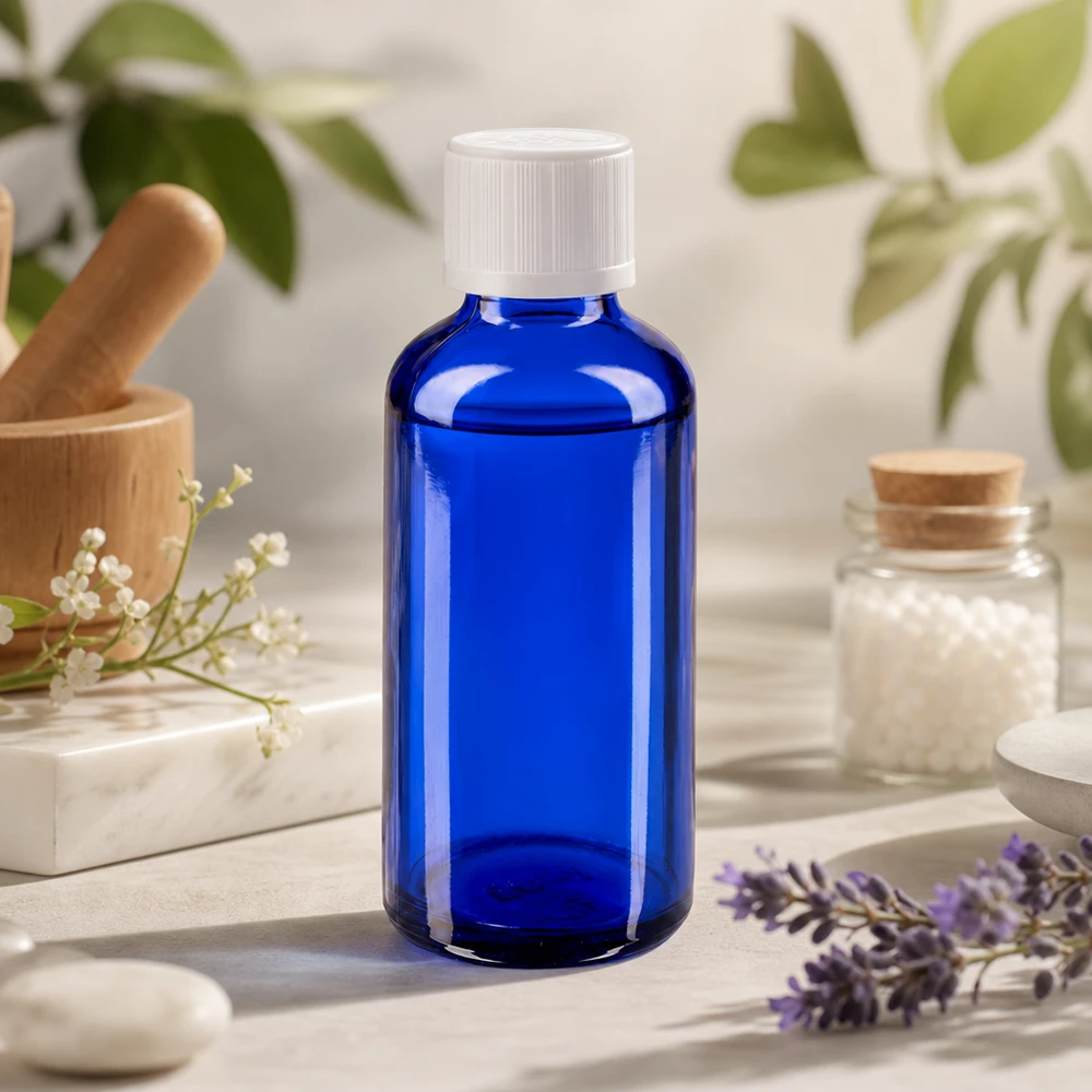 Slanke blauwe glazen fles van 50 ml met druppelaar in een medische natuurgeneeskundige omgeving