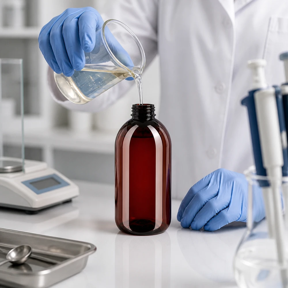 Een laboratoriummedewerker met handschoenen vult een UV-bestendige ronde PET-fles van 250 ml met behulp van een maatbeker