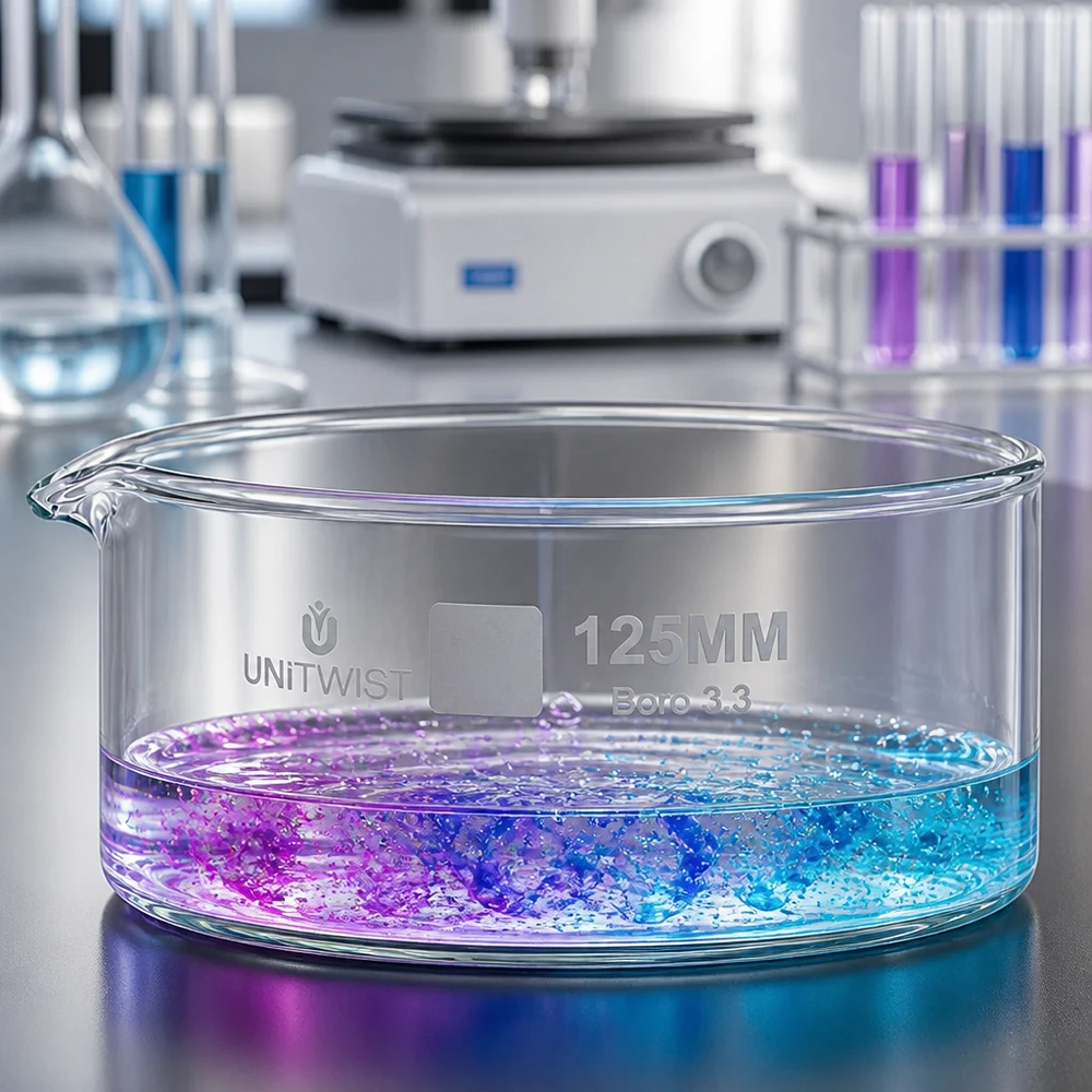Kristalliseer schaal ø125mm borosilicaatglas UNiTWIST UNiTWIST-kristallisatieschaal van 125 mm met een tweekleurig vloeistofmengsel (blauw en paars) in het laboratorium