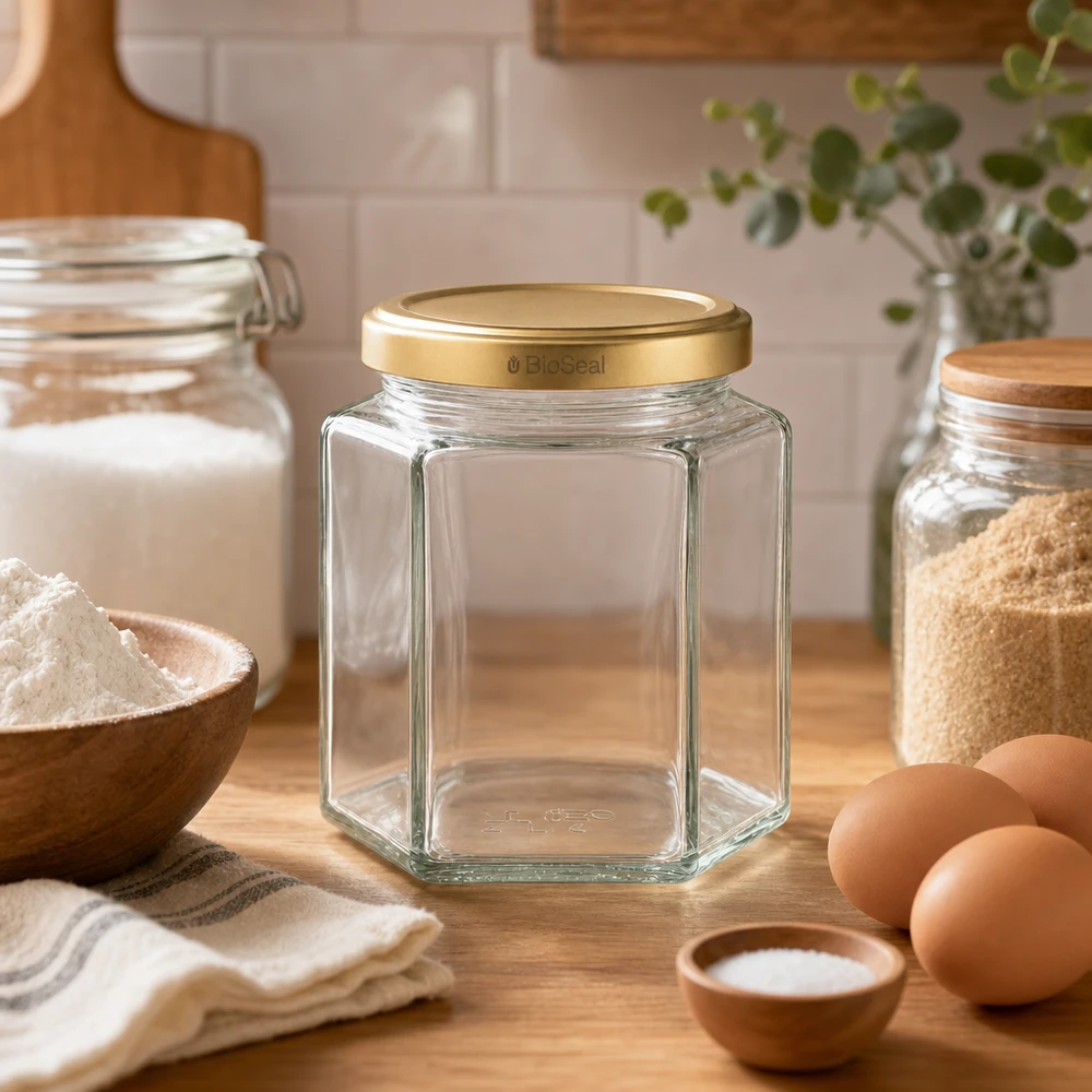 390ml hexaglas met BioSeal deksel goud UNiTWIST UNiTWIST Hexa390 lege voorraadpot met gouden BioSeal deksel in keuken met bakingrediënten bloem eieren en kruiden