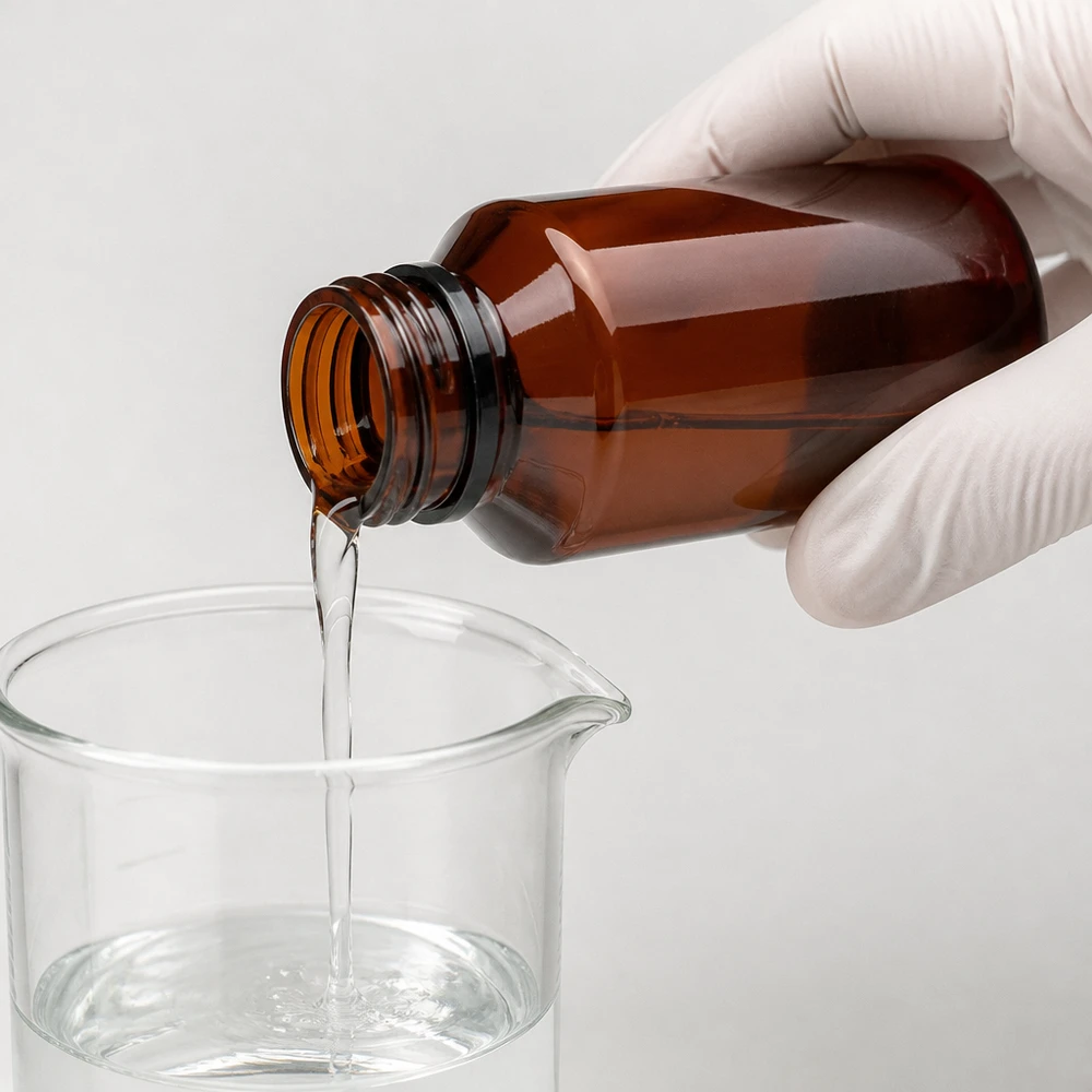 Beschermende handschoen houdt een bruine PET-fles van 100 ml vast tijdens het nauwkeurig doseren van een heldere oplossing