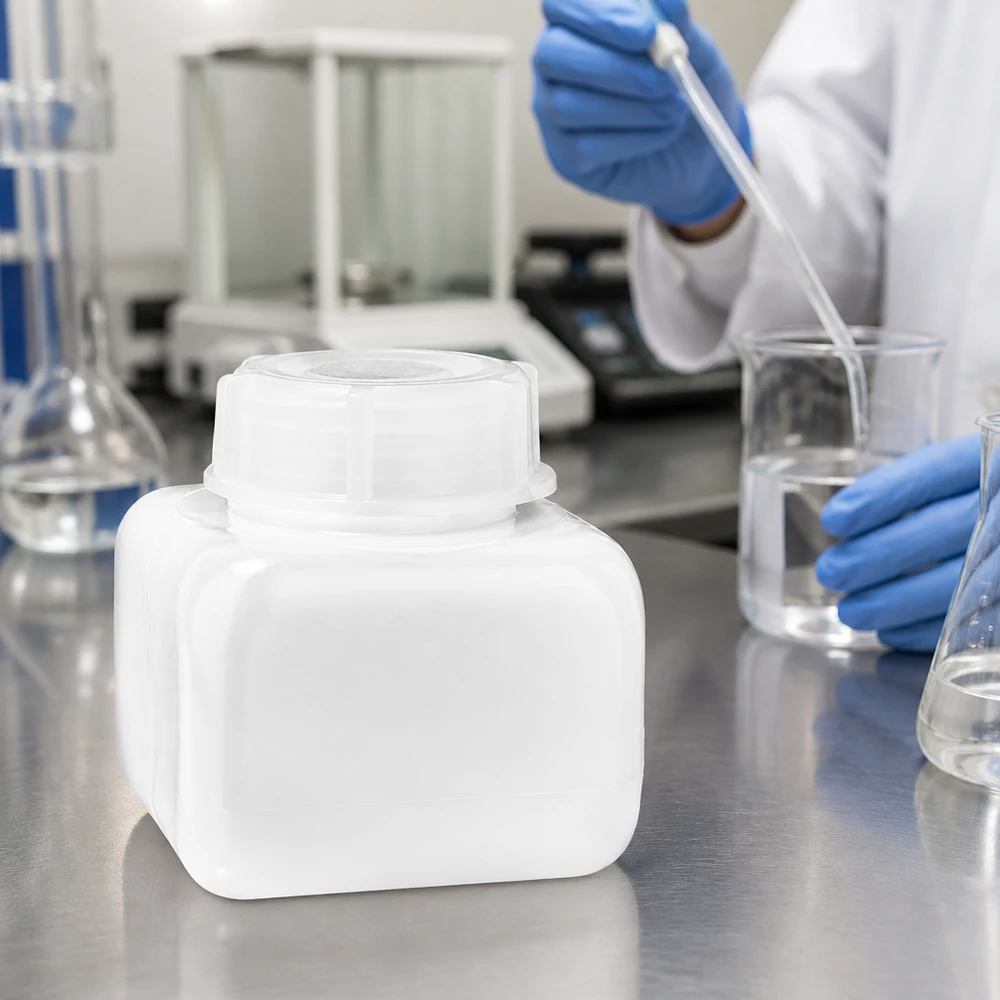 Chemicaliënfles 250 ml, wijde hals, incl. sluiting GL 50 Chemiebestendige fles met brede hals van 250 ml (PE-HD) naast een analyseweegschaal en glasapparatuur in het laboratorium