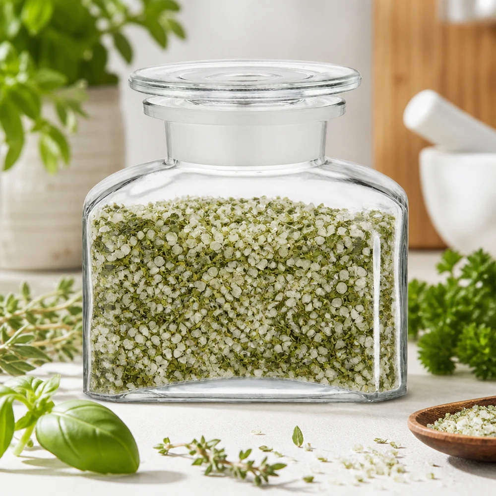 Idee voor een glazen kruidenpotje: Vierkante apothekersfles 150 ml wijde hals helder glas incl. glazen stop Doorzichtige kruidenfles met brede opening, gevuld met groen zout en verse kruiden
