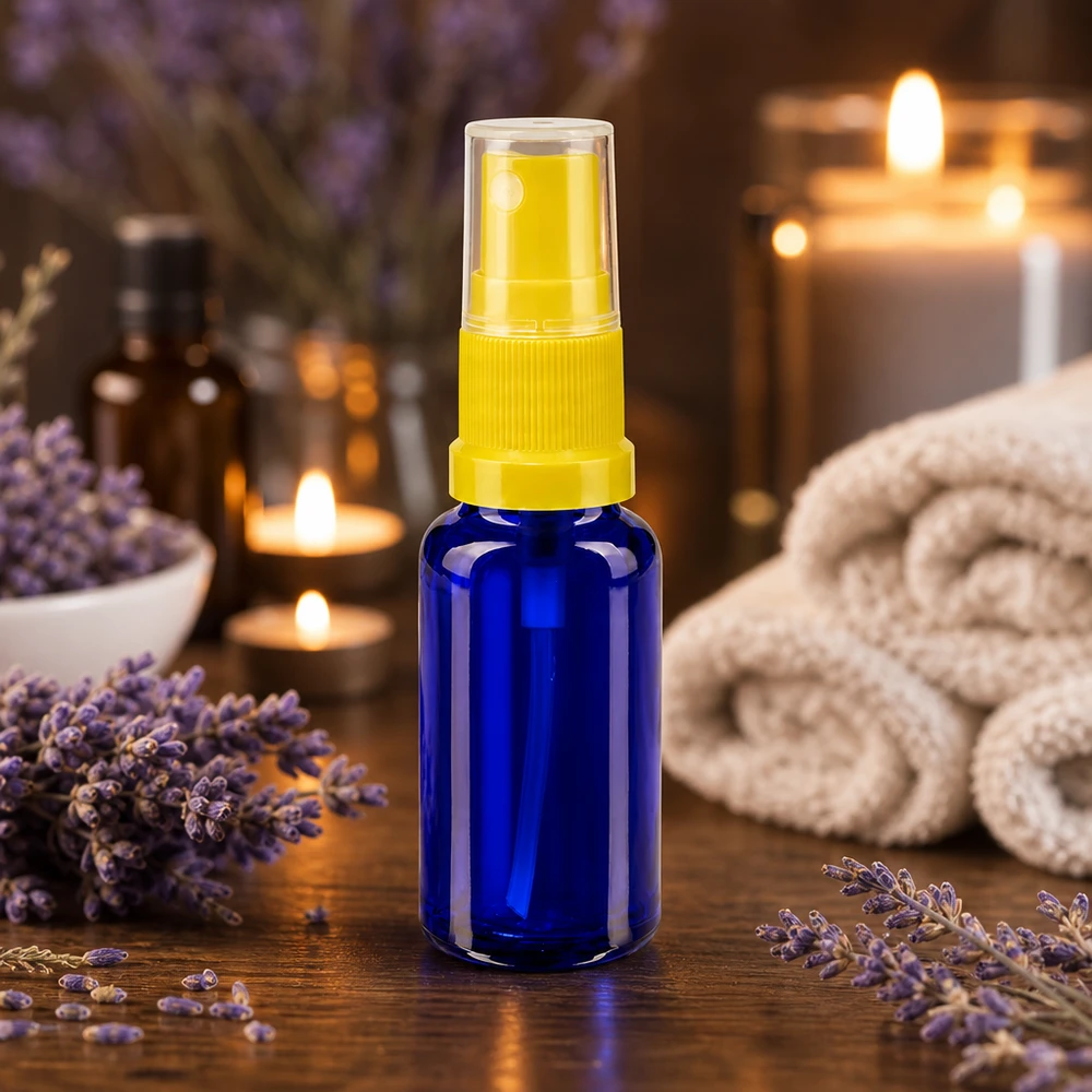 Apothekersflesje van 20 ml, blauw glas met een fijnmazig geel deksel, voor cosmetica en aromatherapie