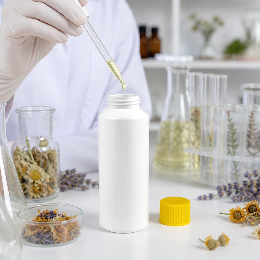 Witte polyethyleenfles met hoge dichtheid van 100 ml met gele SV in een laboratoriumomgeving voor natuurlijke cosmetica