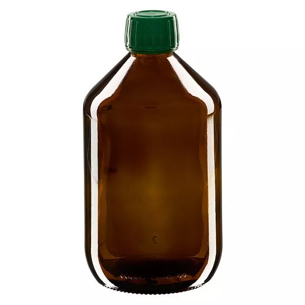 500ml Euro-medicijnfles bruin met groene schroefsluiting VR 500ml Euro-medicijnfles bruin met groene schroefsluiting VR