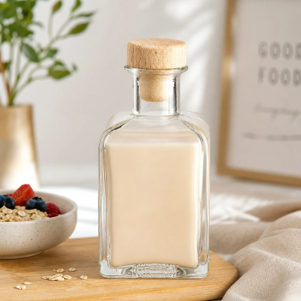 200 ml Apothekersfles Clara met houten handgreepkurk UNiTWIST® 200ml glazen fles Clara gevuld met havermelk houten kurk granenkom bessen haver gezonde voeding ontbijt