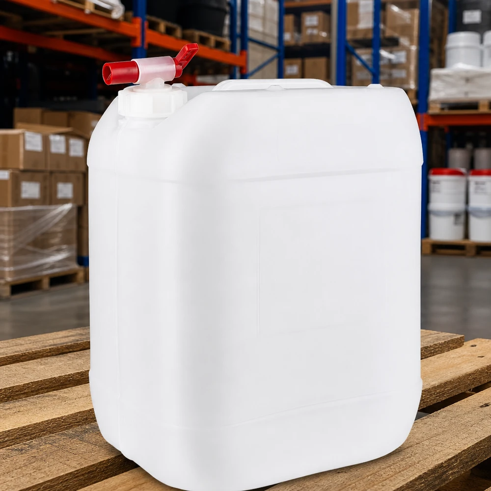 Stevige opslagkanister van 20 liter met afvoerkraan aan de zijkant, op een pallet in het magazijn