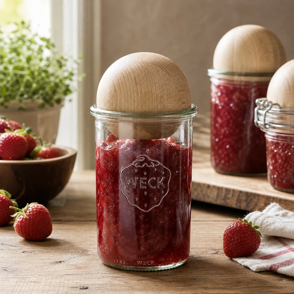 WECK inmaakpot 1000ml gevuld met aardbeienjam en houten boldeksel in rustieke keuken met verse aardbeien