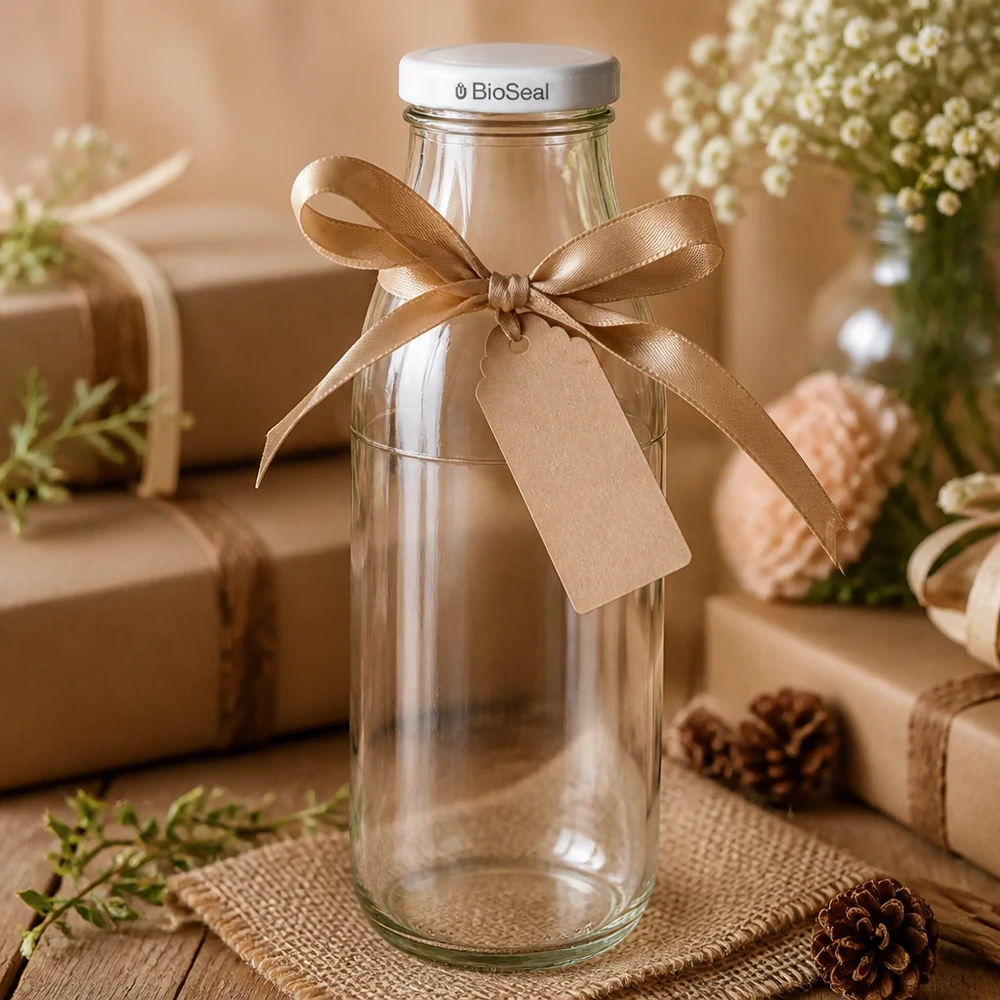 500 ml lege glazen fles, geschenkverpakking met bruine strik en label, witte BioSeal deksel