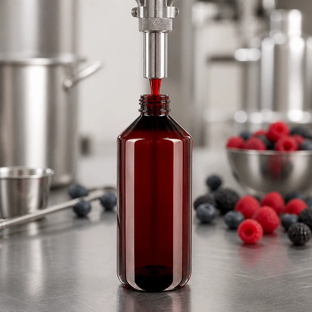 PET-fles van 1000 ml, bruin en transparant, wordt machinaal gevuld met fruitextract