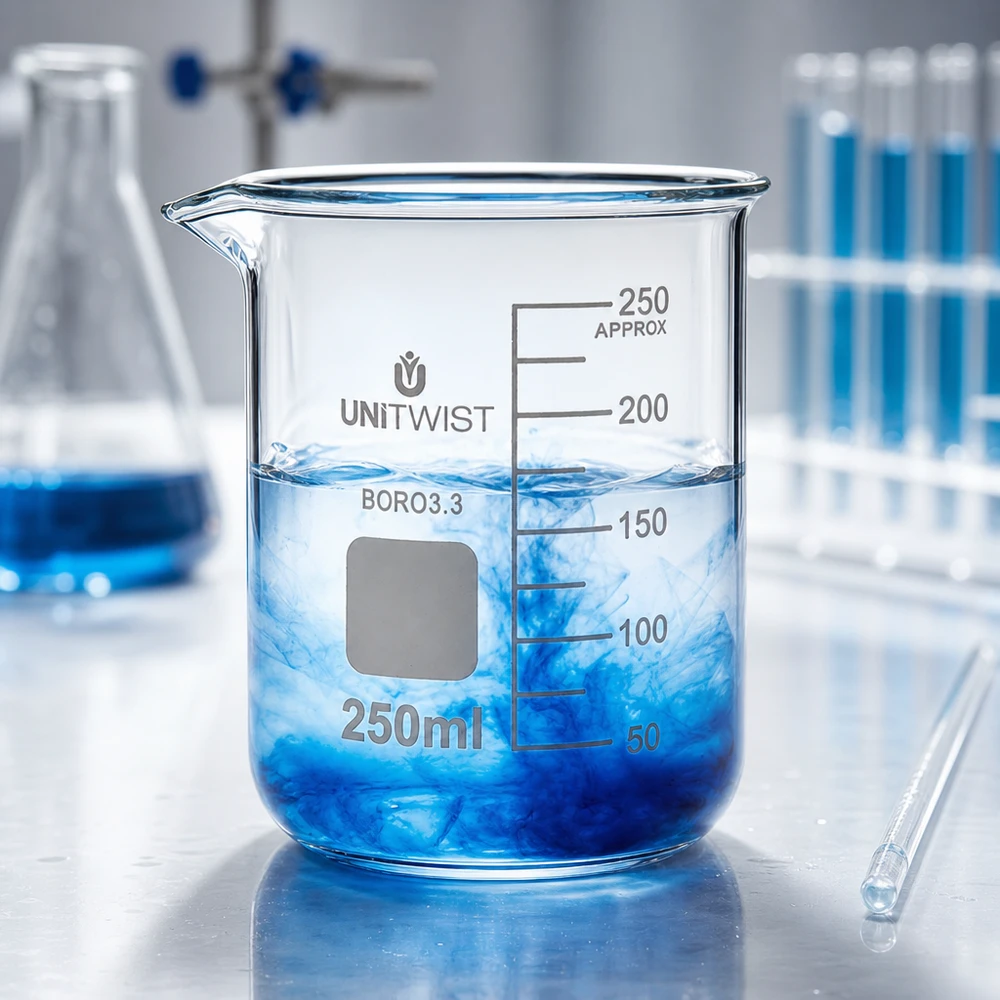 Beker 250ml borosilicaat, lage vorm UNiTWIST Borosilicaat bekerglas van 250 ml, laag model, met wit opschriftveld en helder glas UNiTWIST
