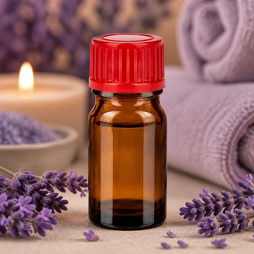 Klein 5ml amberkleurig glazen apothekersflesje met praktisch rood deksel voor aromatherapietoepassingen