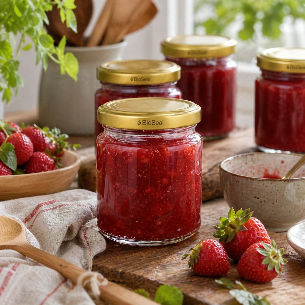 UNiTWIST Runda53 jampotten met gouden TO43 BioSeal deksel gevuld met aardbeienjam naast verse aardbeien