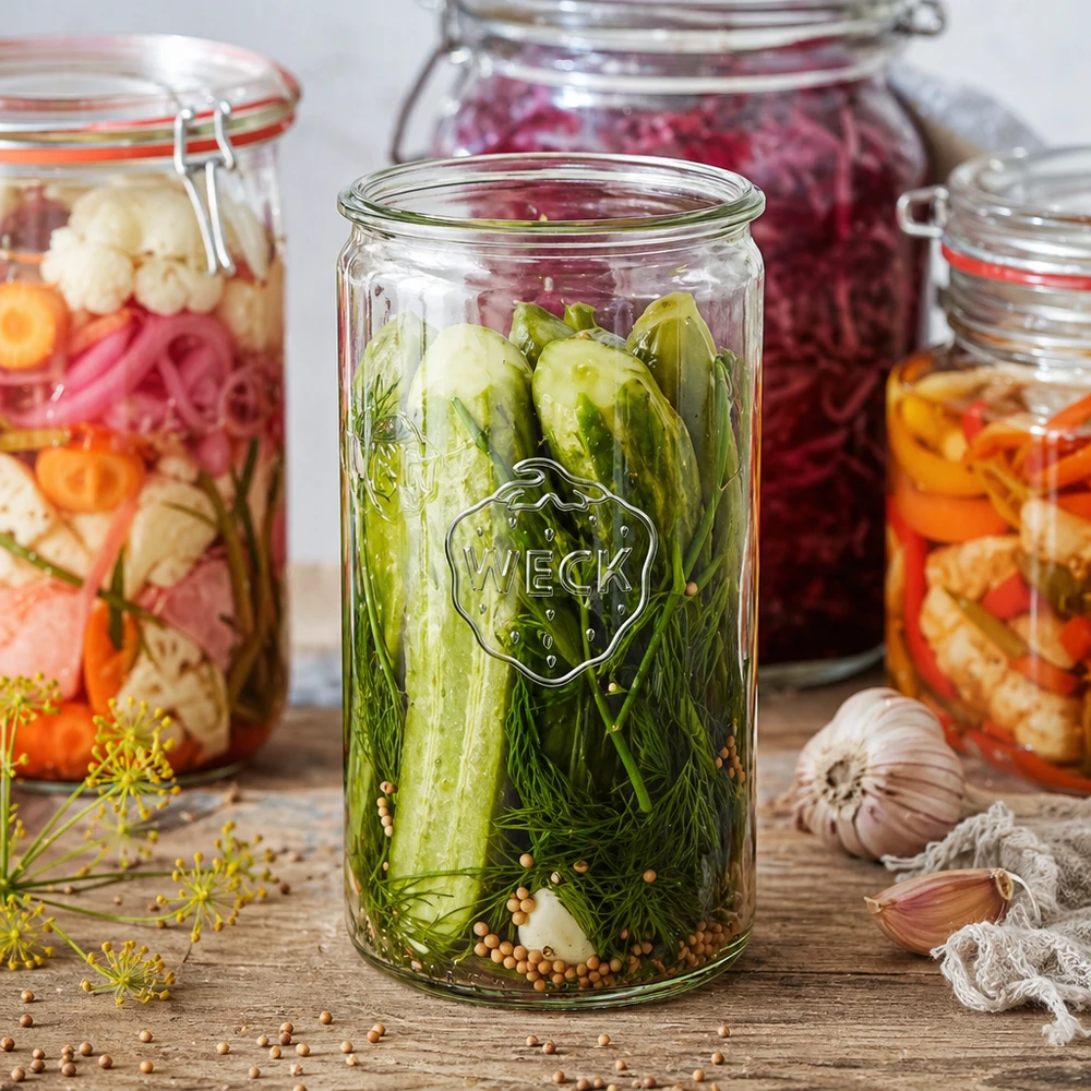 1590 ml cilindrische glazen pot WECK RR100 WECK RR100 cilinderpot 1590ml met ingemaakte augurken en dille naast kleurrijke inmaakpotten op houten plank
