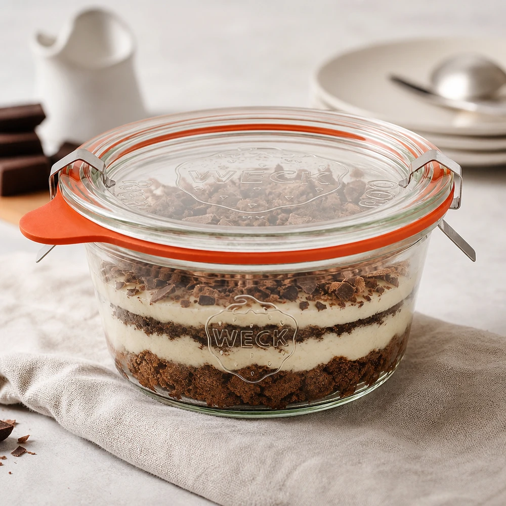 WECK beker 290ml RR100 gevuld met gelaagd dessert Tiramisu toont veelzijdig gebruik als dessert pot