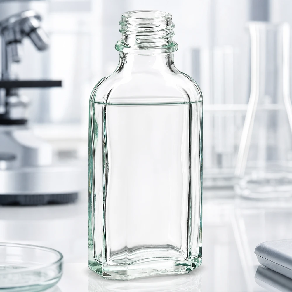 Doorzichtige Meplat-fles, glazen flesje van 50 ml met smalle DIN22-hals, zonder deksel