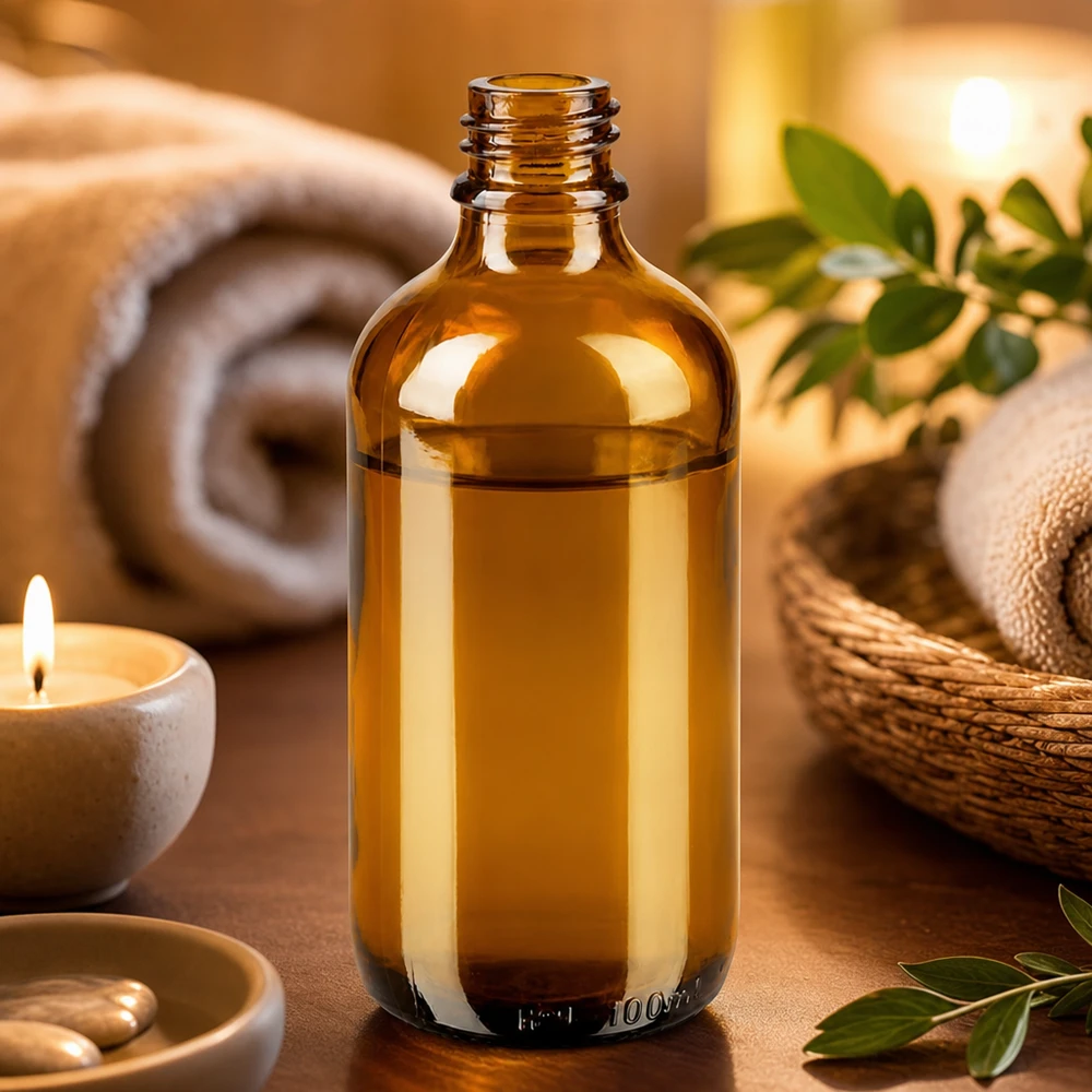 Bruine ApoGlas apothekersfles van 100 ml in een warme wellnesssfeer met kaarsendoekjes en groene bladeren