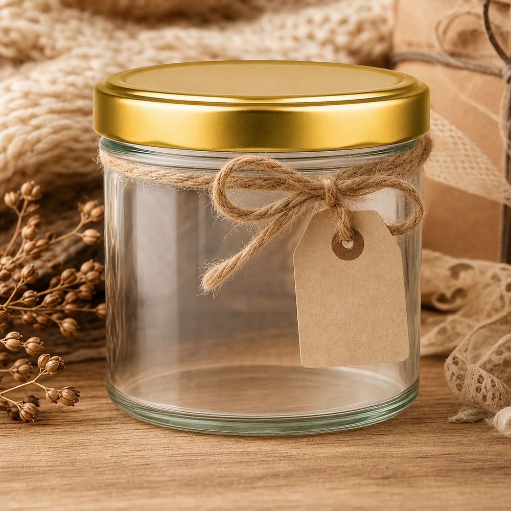 230 ml cilindervormige pot met gouden deksel versierd met jute strik en rustiek kraftpapieren etiket