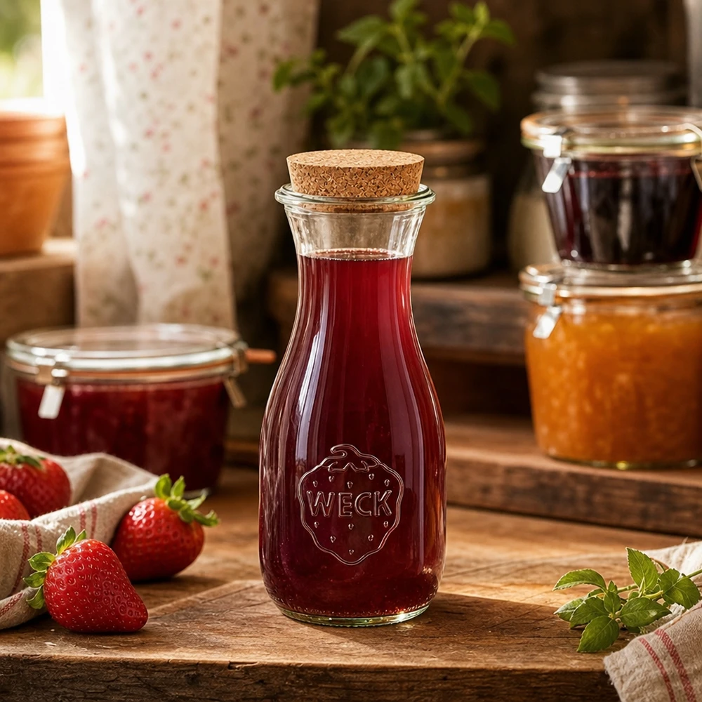 WECK sapfles 530ml gevuld met rood sap op houten tafel naast jampotten en verse aardbeien Keuken