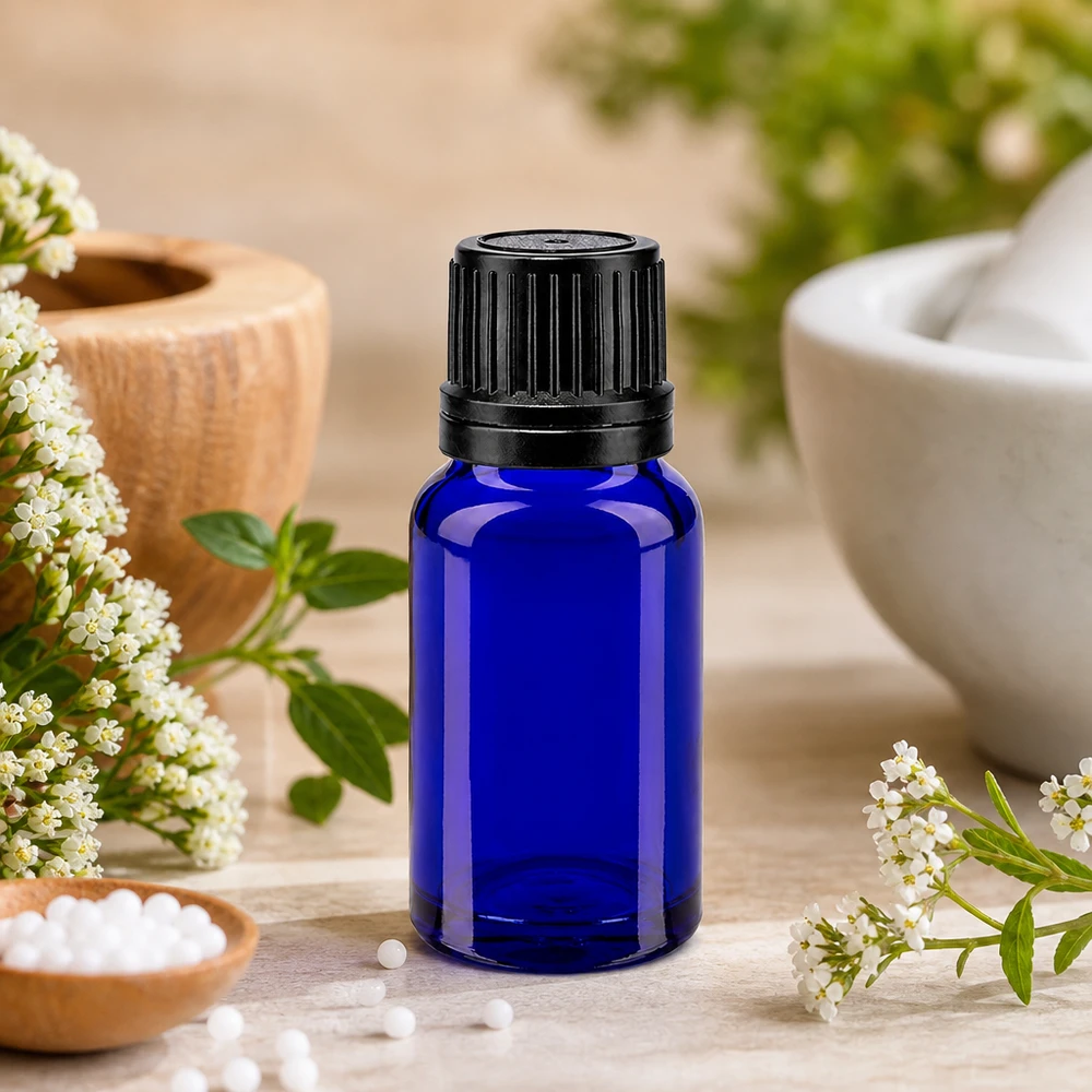 UV-bestendige apothekersfles, blauw, 10 ml, met OV-sluiting, voor natuurgeneeskunde en homeopathie