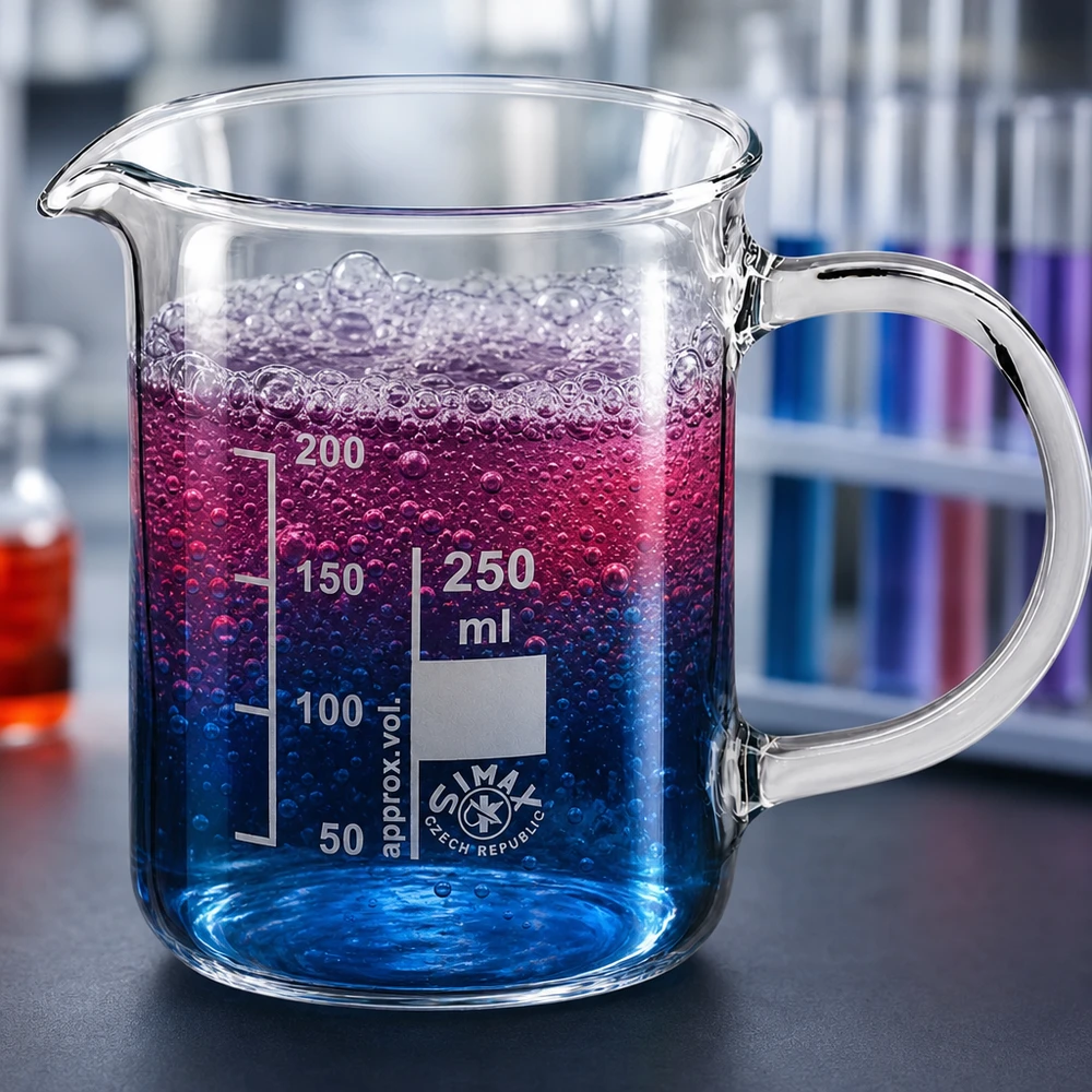 Cilindrisch bekerglas van 250 ml, van borosilicaatglas, met schenktuit, handvat en paarse oplossing