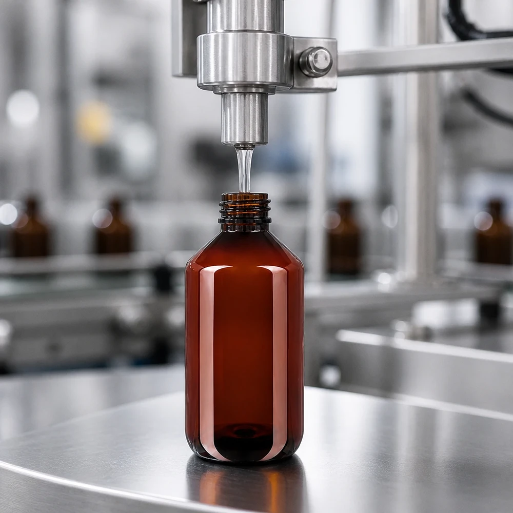 PET fles 500ml met bruine dop standaard Rundflasche 500ml PET braun mit Standardverschluss auf rotierendem Drehteller der Abfüllmaschine