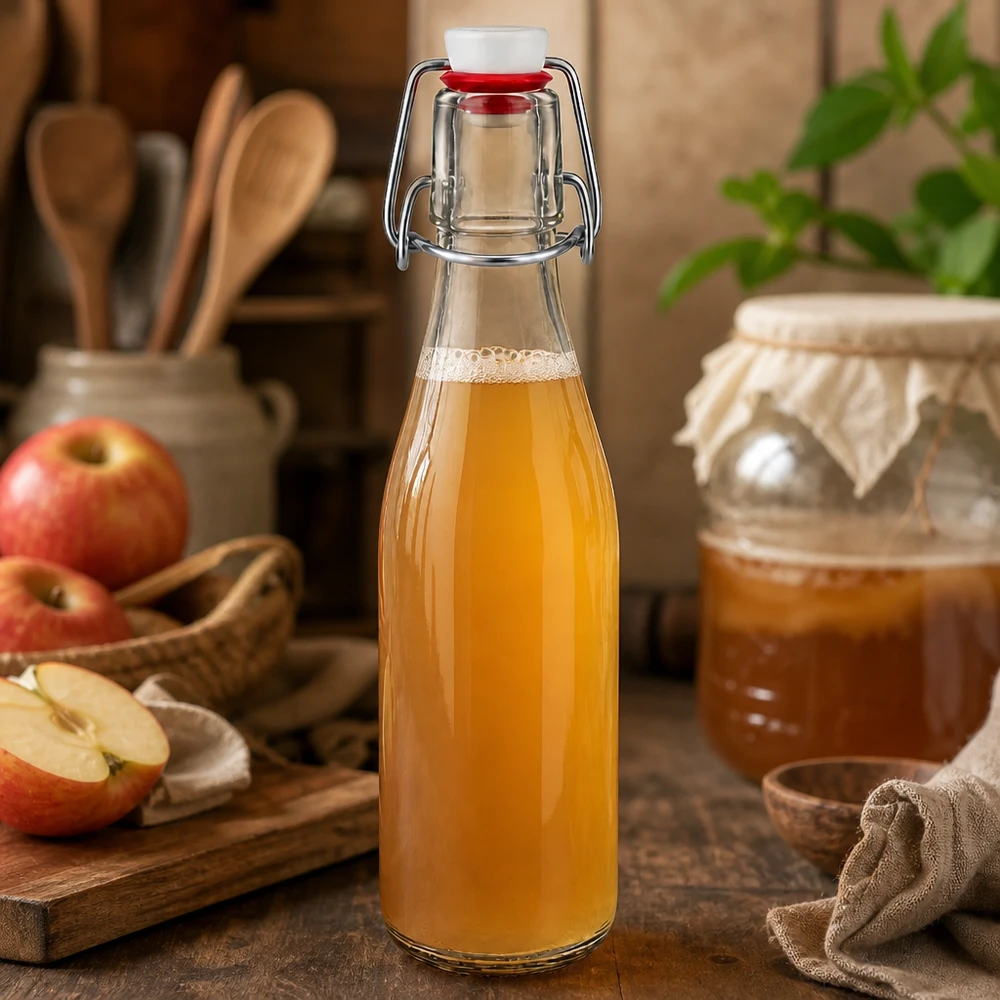 Glazen fles 250ml met draaidop gevuld met appelsap, appelschijfjes en jampot op de achtergrond