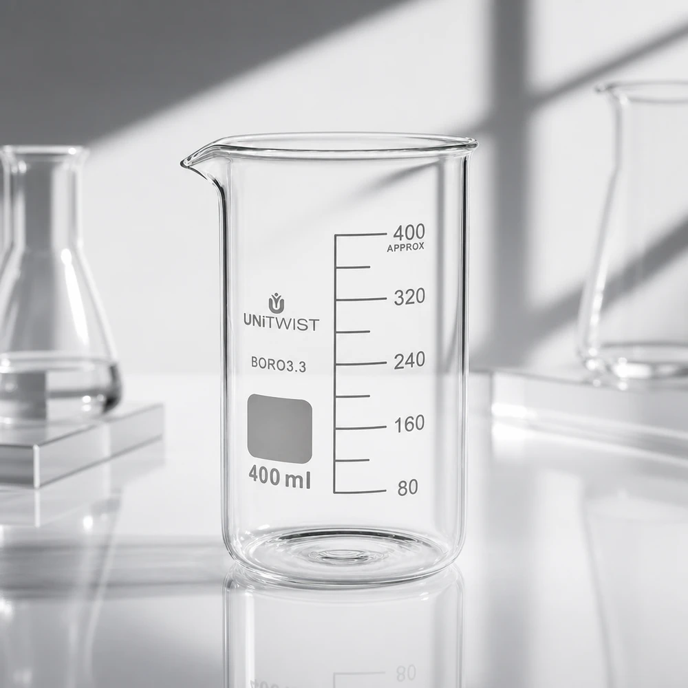 Chemieglas, hoge bekerglasvorm van 400 ml, gemaakt van borosilicaatglas, met een getrapte volumeschaal tot 400 ml