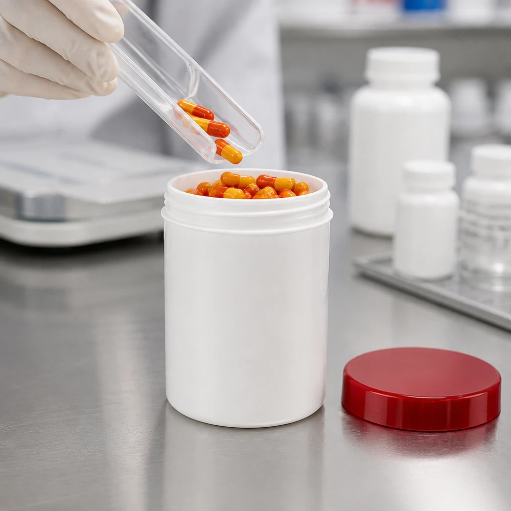 Voedselveilige PP-zalfpot van 150 g, wit, met rode schroefdop, voor capsules, poeder en zalven