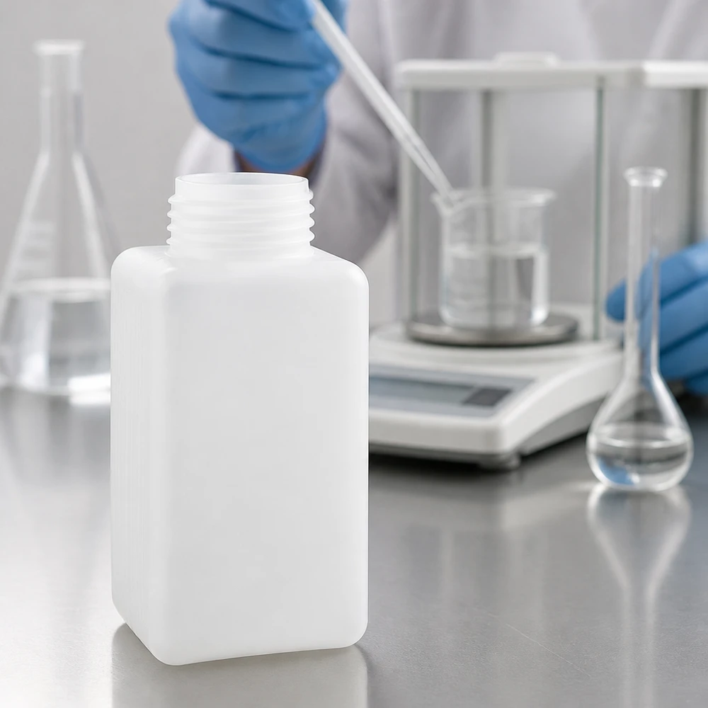 Stevige PE-HD-fles met brede hals van 1500 ml voor chemicaliën, naast een maatkolom en een precisieweegschaal