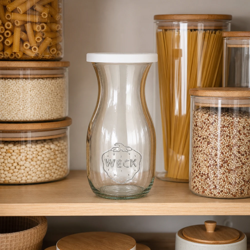 Sapfles van 290 ml met vershouddeksel WECK RR60 WECK 290ml Saftflasche mit Frischedeckel in moderner Küchenorganisation zwischen Vorratsgläsern mit Pasta und Getreide