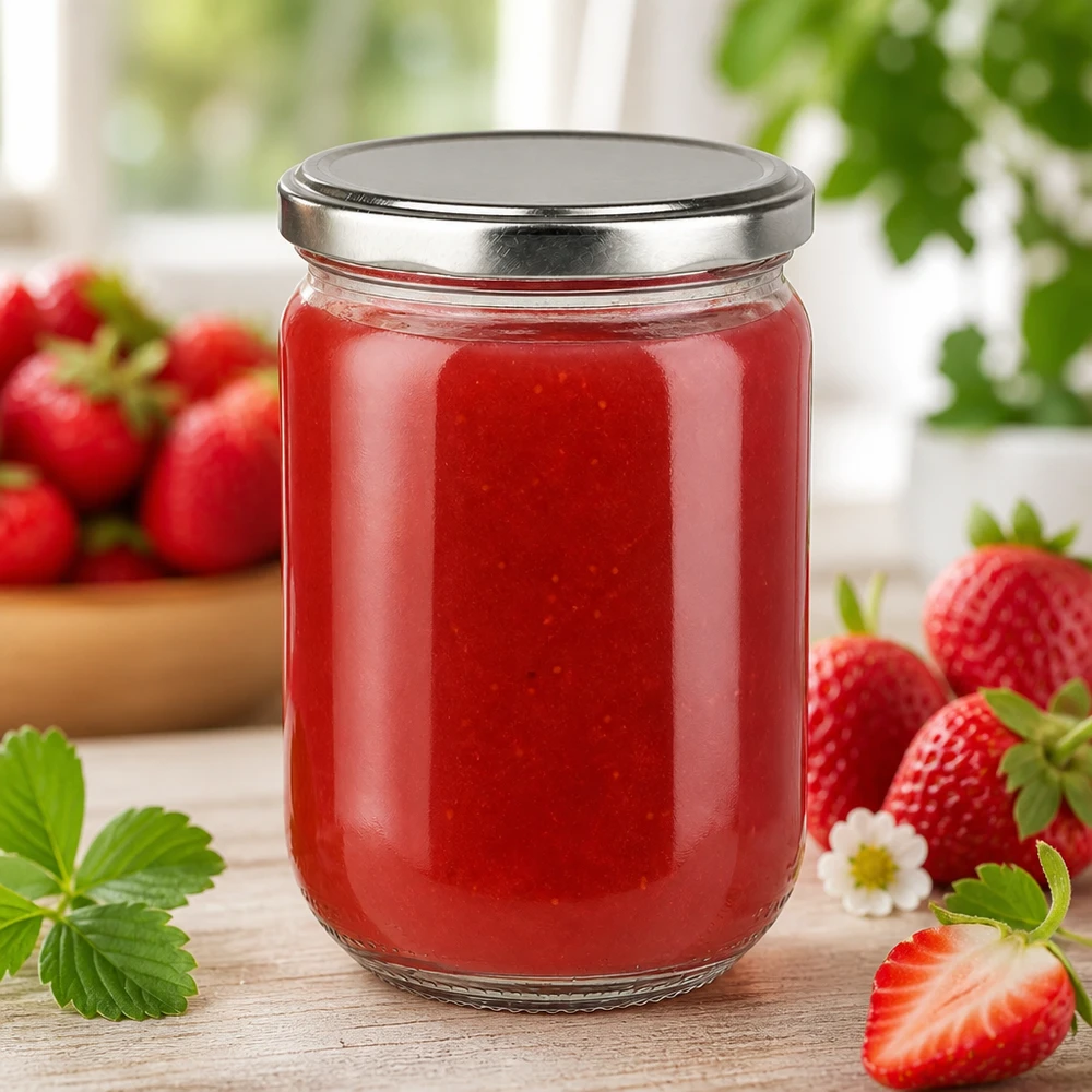 555 ml rond glazen pot + BasicSeal-deksel zilver UNiTWIST Inmaakpot van 555 ml met zilveren draaideksel, gevuld met romige aardbeienpasta