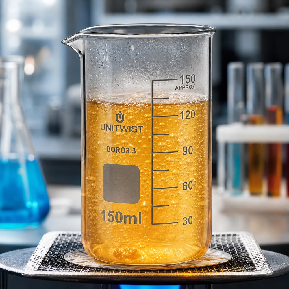 UNITWIST-scheikundelaboratorium: bekerglas van 150 ml, borosilicaatglas, hoge vorm, met exotherme oranje vloeistof