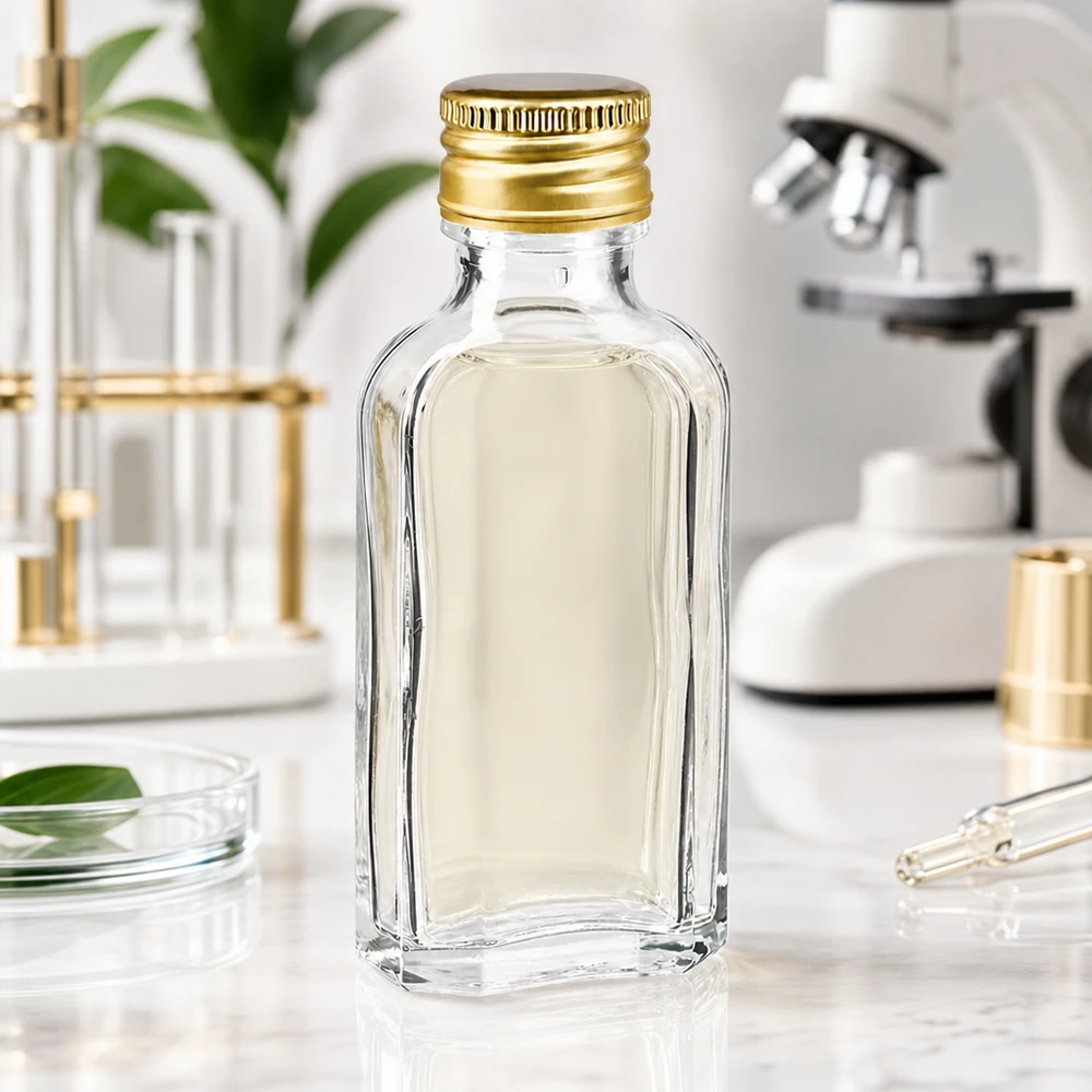 50 ml Meplat helder met aluminium dop goud PP22 Kleine Meplat-flesje van helder glas, 50 ml, met gouden aluminium schroefdop PP22 voor cosmetica en serums