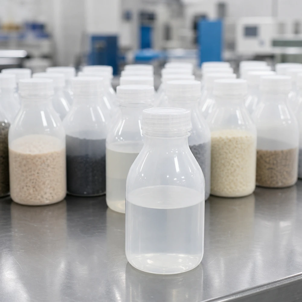Assortiment gevulde laboratoriumflesjes van 20 ml met smalle hals, zonder dop, op een roestvrijstalen laboratoriumtafel