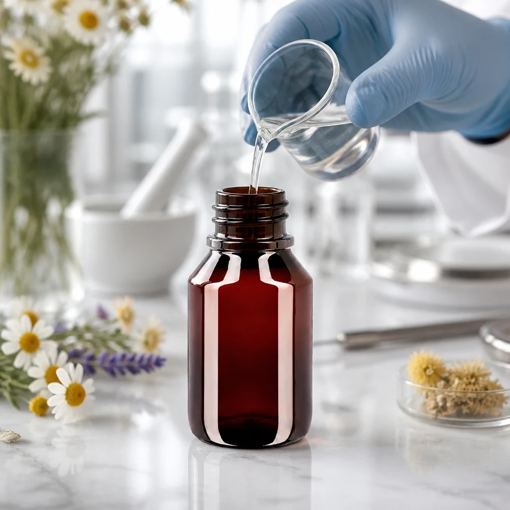 Bruine PET-fles van 50 ml met blauwe schroefdop voor het afvullen van kruidentincturen