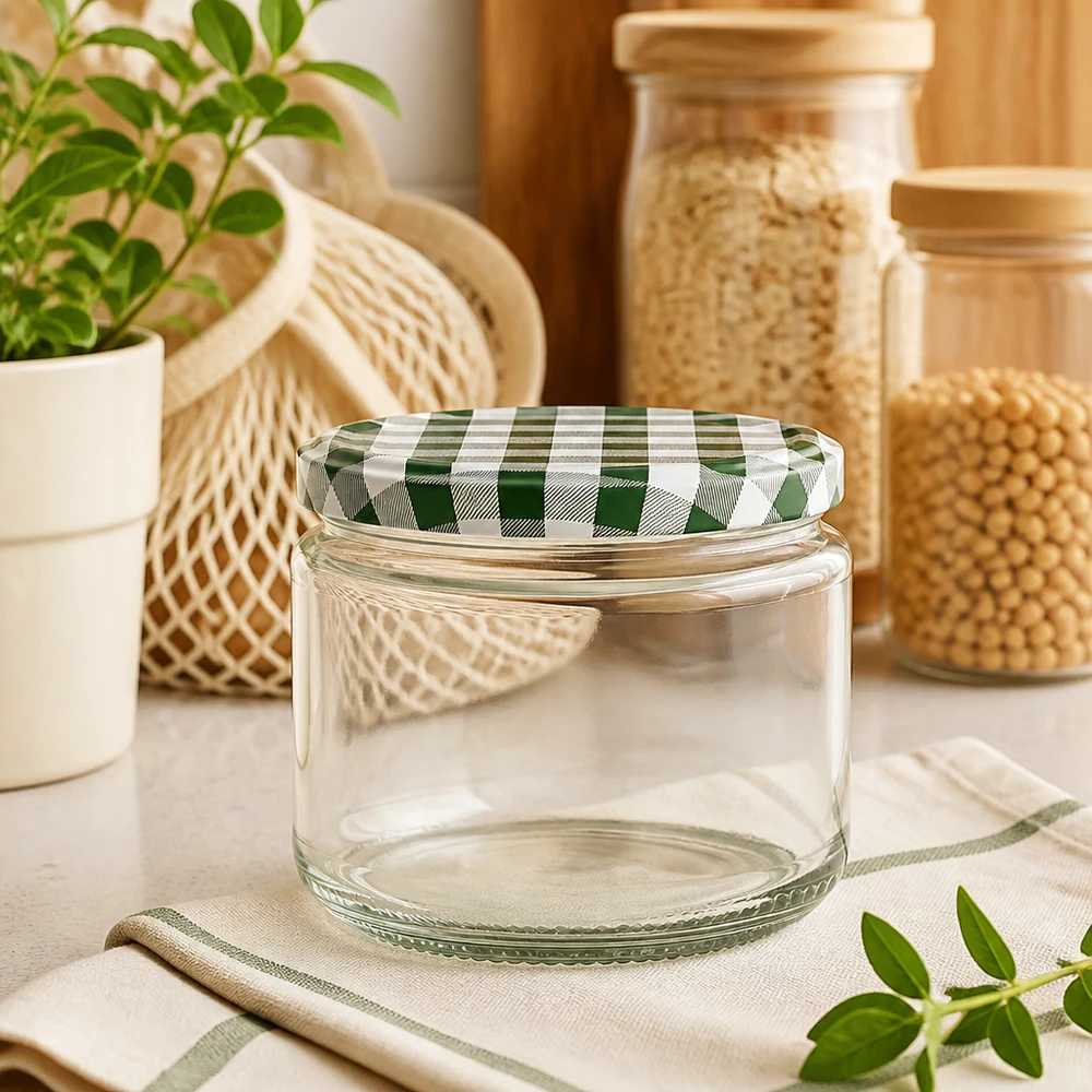 330ml ronde pot leeg met groen en wit BasicSeal deksel op keukentafel, voorraadpotten en planten op de achtergrond
