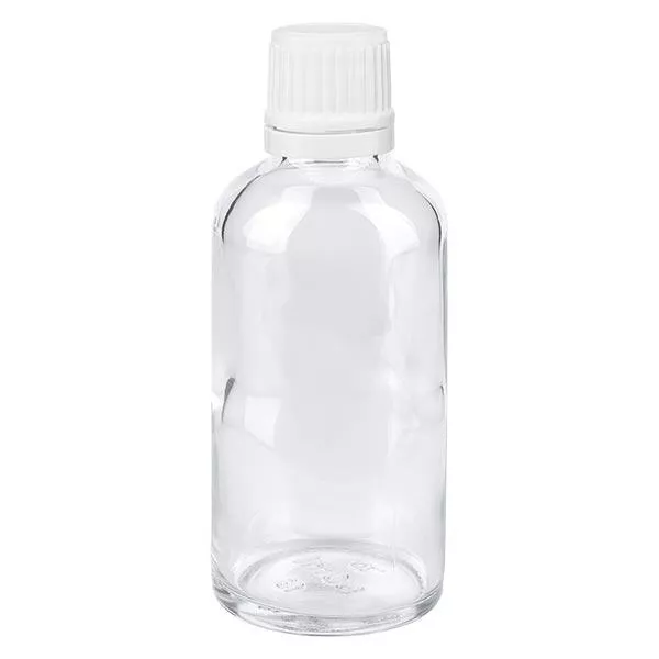 Helder glazen flessen 50ml met wit schroefsluiting VR Helder glazen flessen 50ml met wit schroefsluiting VR