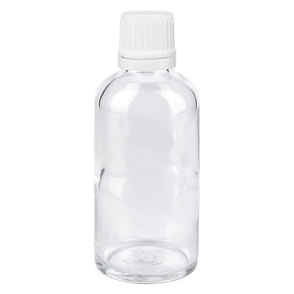 Helder glazen flessen 50ml met wit schroefsluiting VR Helder glazen flessen 50ml met wit schroefsluiting VR