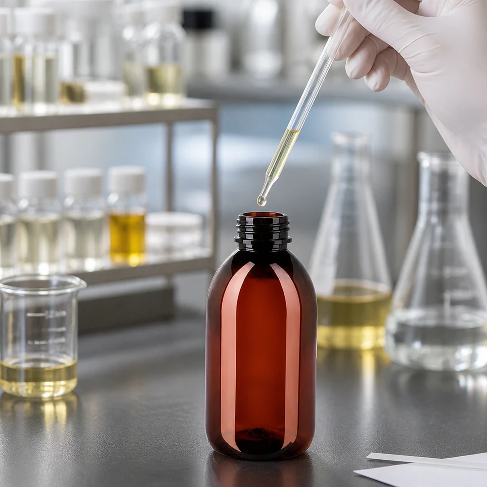 Een met een handschoen beschermde hand vult een bruine ronde fles van 250 ml met druppelpipet in het scheikundelaboratorium