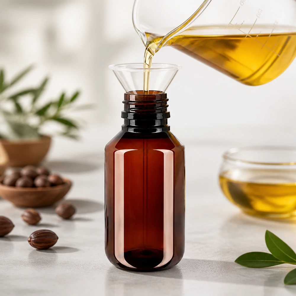 PET-fles 100ml met bruine dop Standaard Braune PET Flasche 100ml mit breitem Schraubverschluss beim Öl-Abfüllprozess in heller Umgebung