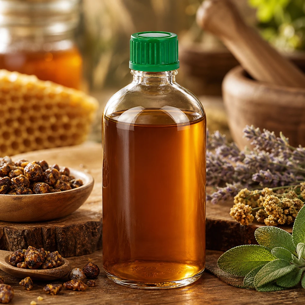 Propolis-tinctuur in een doorzichtige ClearLine UT18/100-fles van 100 ml met groene dop