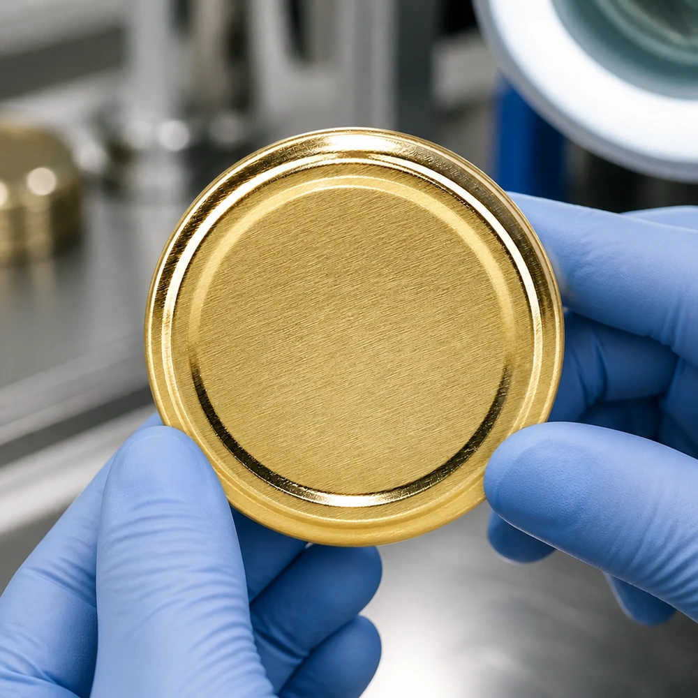 Handen met blauwe handschoenen houden een gouden BasicSeal-deksel van 63 mm vast: kwaliteitscontrole