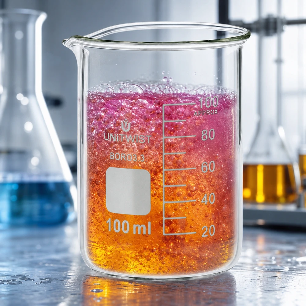 Beker 100ml borosilicaat, lage vorm UNiTWIST UNiTWIST laboratoriumglas 100 ml, laag model, met een oranje-rode chemische stof die bellen vormt
