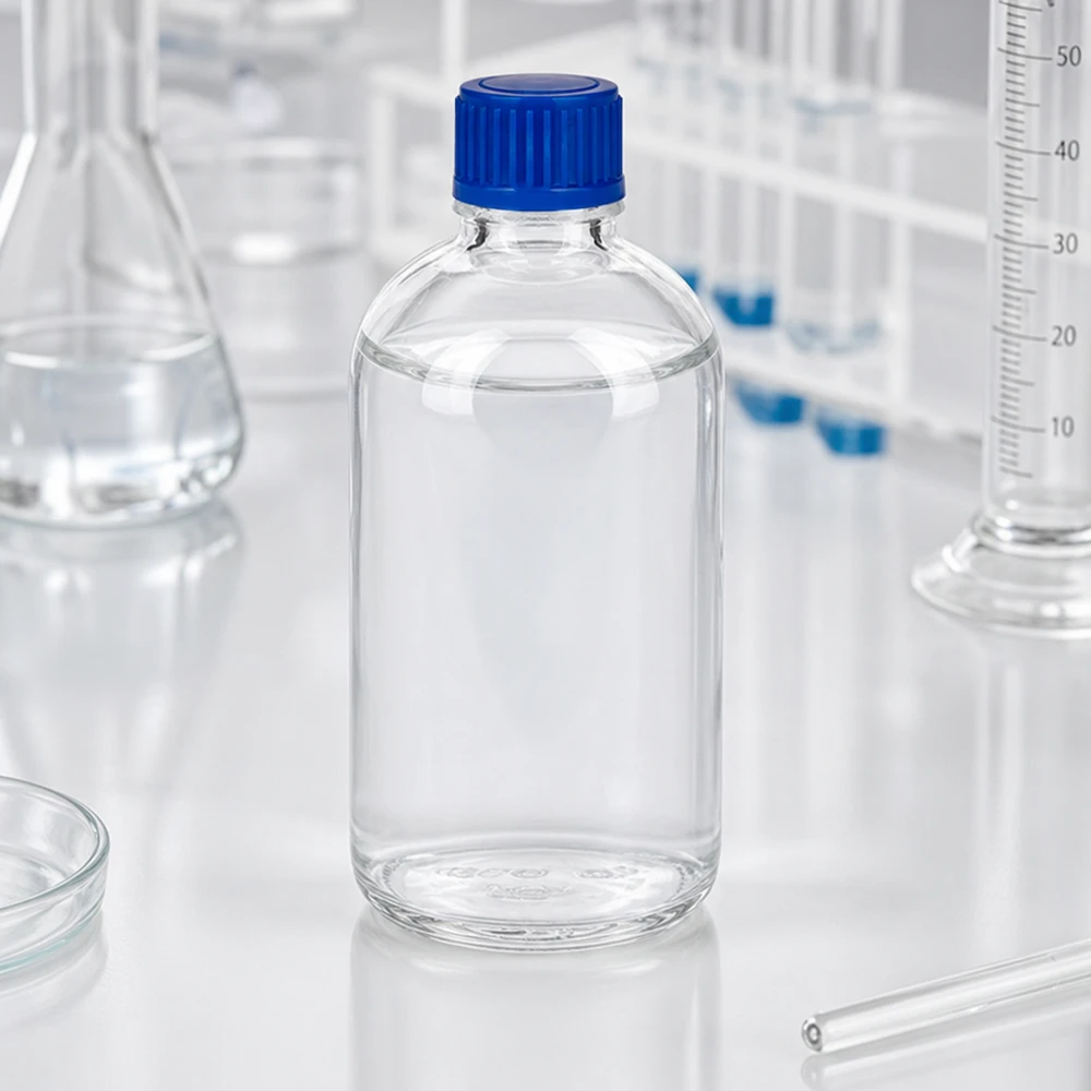 Laboratoriumkwaliteit: 100 ml heldere glazen fles ClearLine UT18 met blauwe dop van 11 mm voor chemicaliën