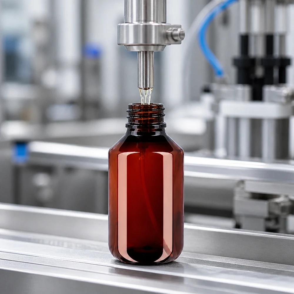 100 ml PET medicijnfles met verstuiver wit GCMI 28/410 incl. dop transparant, standaard Hochwertige 100ml PET Rundflasche in Braun durchläuft automatisierten Abfüllprozess