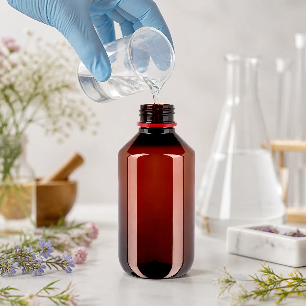 Kleine bruine PET-fles van 200 ml met verzegeling voor farmaceutische oplossingen