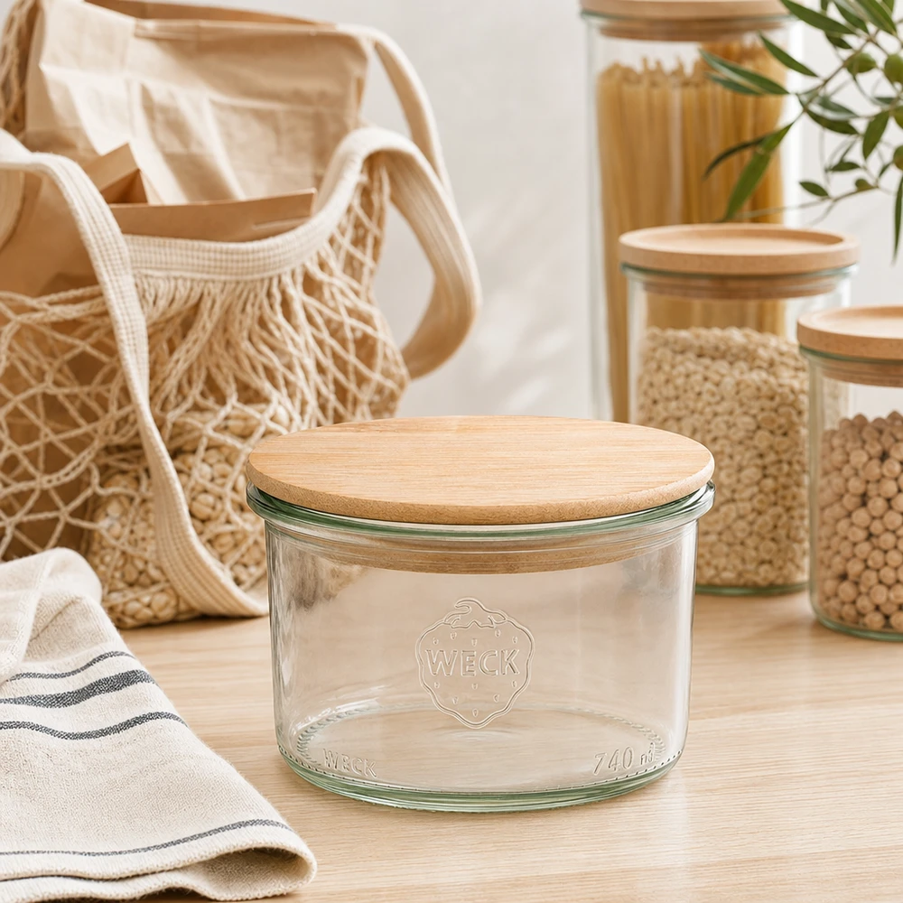 200ml stortglas WECK RR80 met hout deksel WECK Sturzglas 200ml mit Holzdeckel in moderner Zero-Waste Küche mit Vorratsgläsern und nachhaltigen Textilien